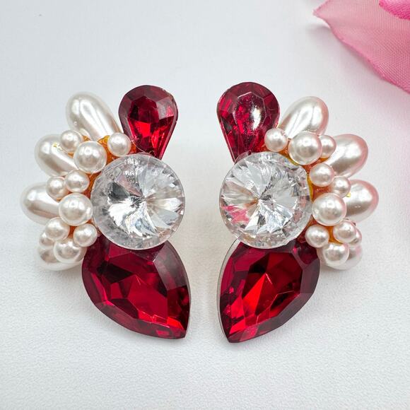 Vintage Big Red Rhinestone Faux Pearl Cluster Earrings Ballroom Dance Pageant - Picture 1 of 7